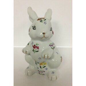 Ceramic Bunny 7" Formalities by Baum Bros. Handpainted with Flowers 10KGold Trim